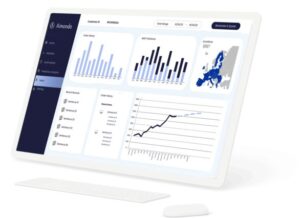 A digital software dashboard on a computer screen displaying analytics and statistics.