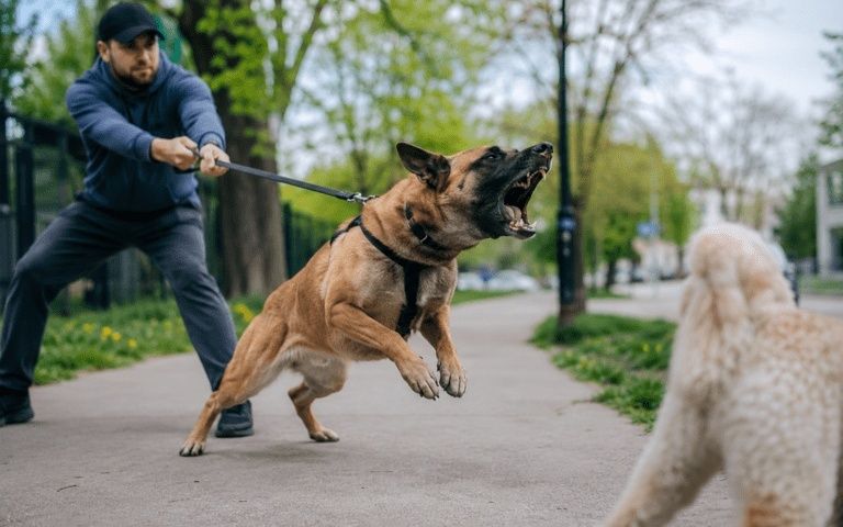 Handler restrains a lunging dog near another dog on a sidewalk